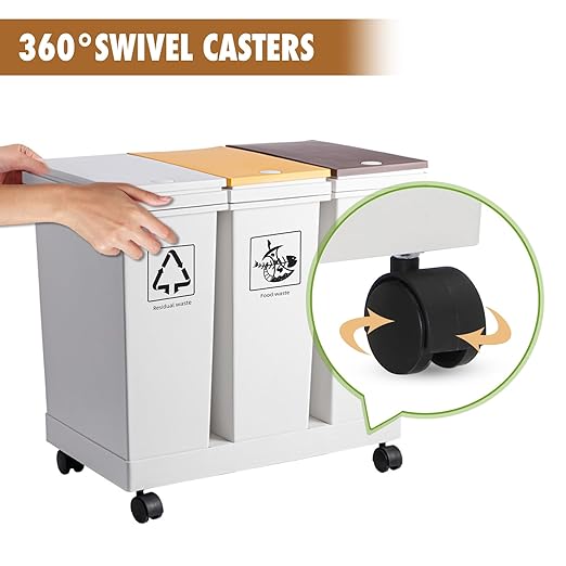 20L x 3 Compartment Trash Can with Wheels, 16 Gallon Recycling Bin and Rolling Garbage Can for Kitchen, Mobile Waste Separation System with Press-Open Lids & Detachable Containers for Home & Office