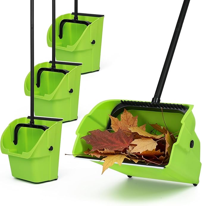 (3PK) Commercial Jumbo Heavy Duty Stand Up Debris Pan, Large Lobby Dustpan with Long Handle, Scooper for Outdoor Leaves Cleaning, Courtyards/Garage/Sidewalks-Professional Grade