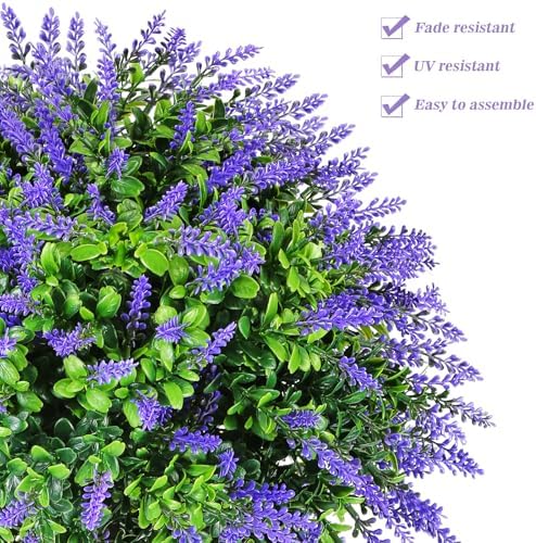 Set of 2 Artificial Christmas Boxwood Topiary Ball Shrubs, 20" UV-Resistant Faux Outdoor Plants with Ground Spikes — Realistic Purple and Green Decorative Bushes for Porch, Patio, Garden, Yard Décor