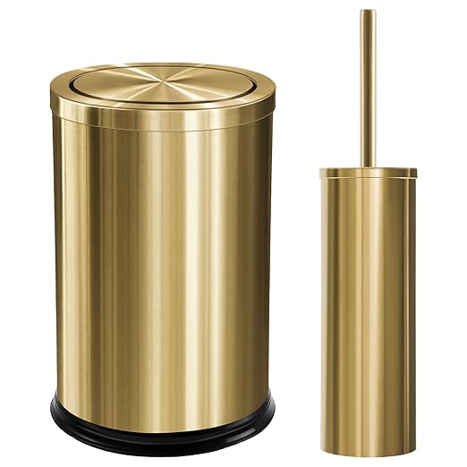 Maxdot 2 Pcs 2.4 Gallon/9 L Gold Bathroom Trash Can with Flip Lid and Toilet Brush Set, Small Luxury Stainless Steel Garbage Trash Can Wastebasket Bin for Home Office Hotel Bathroom Bedroom Kitchen