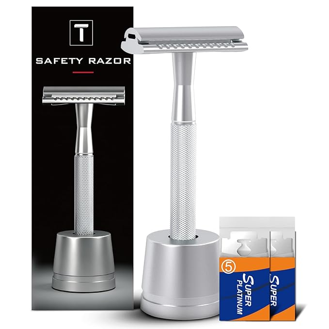 Double Edge Safety Razors for Men, Reusable Single Blade Razor | Stainless Steel Shaving Razor Kit, Includes 10 Blades & 1 Stand, Smooth Close Shave, Classic Grooming Tool, Gifts for Men
