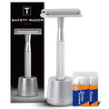 Double Edge Safety Razors for Men, Reusable Single Blade Razor | Stainless Steel Shaving Razor Kit, Includes 10 Blades & 1 Stand, Smooth Close Shave, Classic Grooming Tool, Gifts for Men