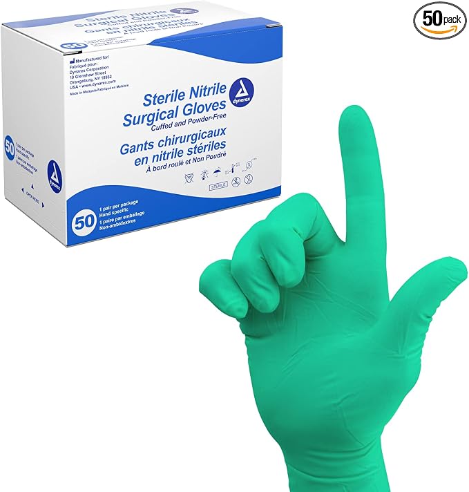 Dynarex Sterile Nitrile Surgical Gloves, Powder Free, Size 7.5, 50 Pairs of Gloves, White, 7.5