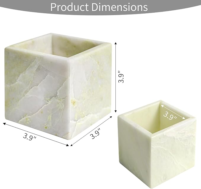 Natural Marble Makeup Brush Holder for Vanity, Toothbrush Holder for Bathroom, Luxurious Countertop Organizer, Green Bathroom Accessories Square