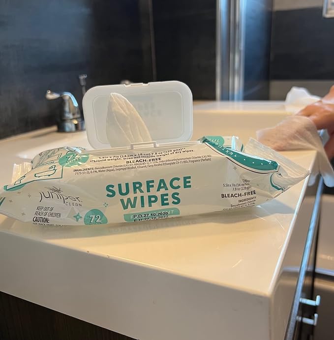 Juniper CLEAN 6 Pack Surface Cleaning Wipes Bleach Free, All-Purpose Cleaner for Bathroom, Kitchen, Office, 72 Count Soft Flow, Fresh Scent, Lint Free & Durable