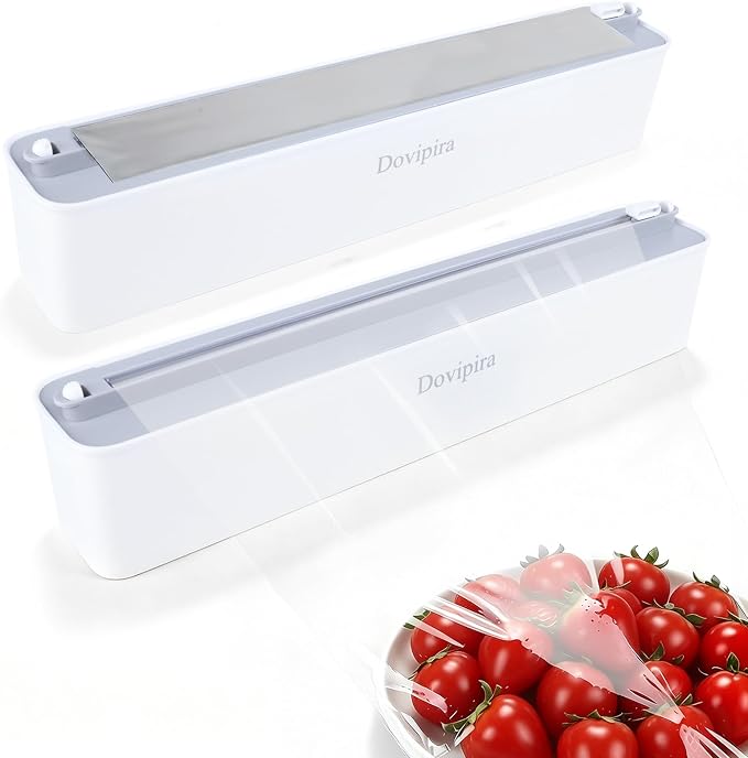 2 Pack Magnetic Plastic Wrap and Foil Dispenser with Cutter, Fits for Max 12.8In x 328Ft Cling Film, Adhesive Wall Mounted Aluminum Foil and Wrap Organizer Holder for Kitchen