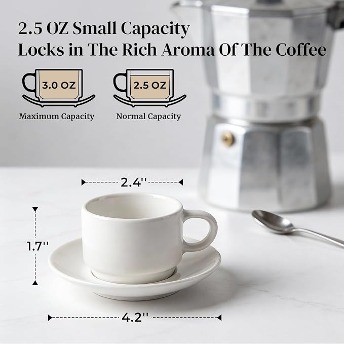 DOWAN 2.5 OZ Stackable Espresso Cups, Porcelain Coffee Cups with Saucers Set of 4, White Espresso Shot Cup, Tea Cups for Home, Office and Cafe Use