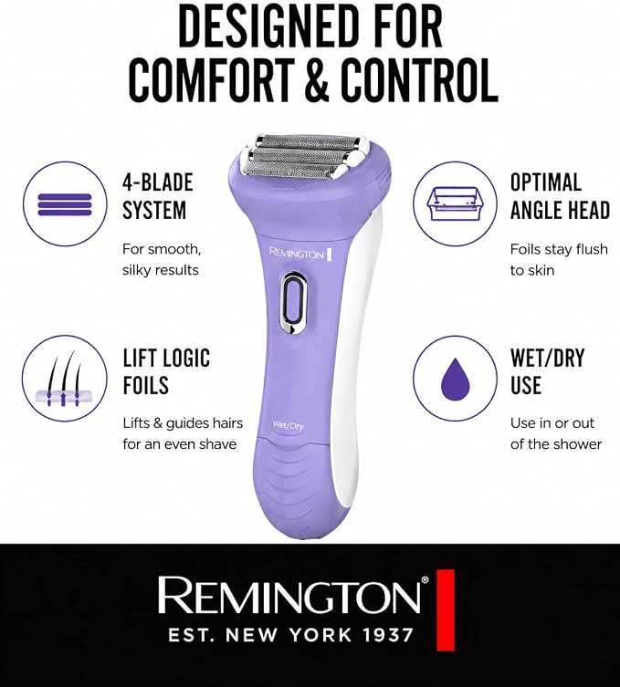 Remington Smooth & Silky Electric Shaver for Women, 4-Blade Smooth Glide Foil Shaver and Bikini Trimmer with Almond Oil Strip, Shave Wet or Dry