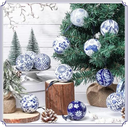 Cindeer 12 Pcs Blue and White Christmas Porcelain Balls, Groovy Style