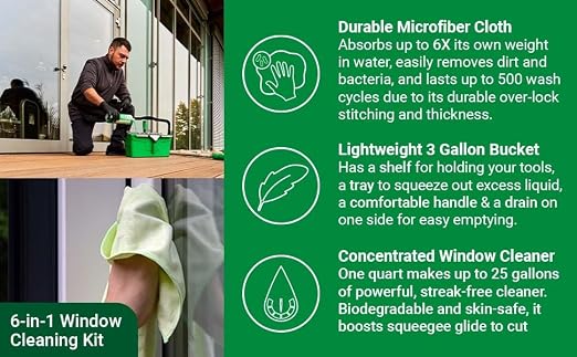 Unger Commercial Window Cleaning Kit Set – Microfiber Sleeve, 14'' ErgoTec Squeegee, 3 Gallon Bucket, 1L Glass Cleaner, Safety Scraper, Microfiber Cloth – Professional Window Cleaning Equipment, WNK15