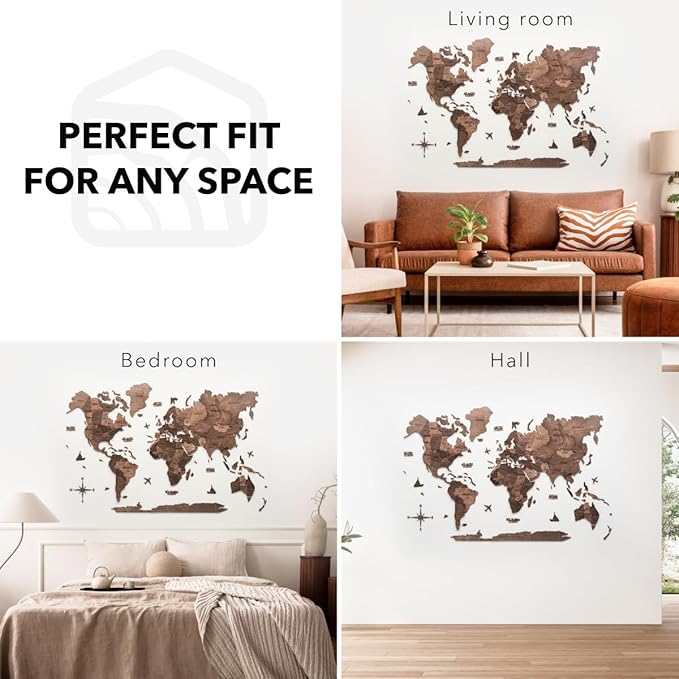 ENJOY THE WOOD 3D Wood World Map Wall Art Large Wall Décor - World Travel Map - Any Occasion Gift Idea - Art for Home & Kitchen or Office (2XL, Dark Walnut)