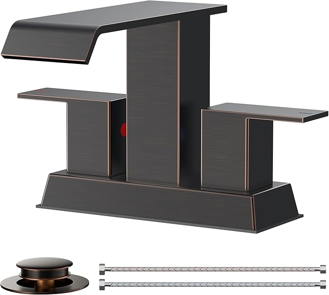 FORIOUS Oil Rubbed Bronze Square Waterfall Bathroom Faucets 3 or 2 Hole for 4 Inch Centerset Sink with Metal Pop Up Drain and Hose, Double Handle Operation, Suitable for Vanity RV Restroom Remodel