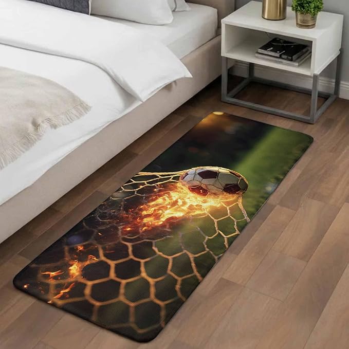 Flaming Soccer Bathroom Runner Rugs Non Slip Washable Absorbent Narrow Long Bath Mat Goal Net Powerful Fire Orange Grass Green Runner Rugs for Kitchen Hallway Bedroom Laundry Study Room 19.7"x63"