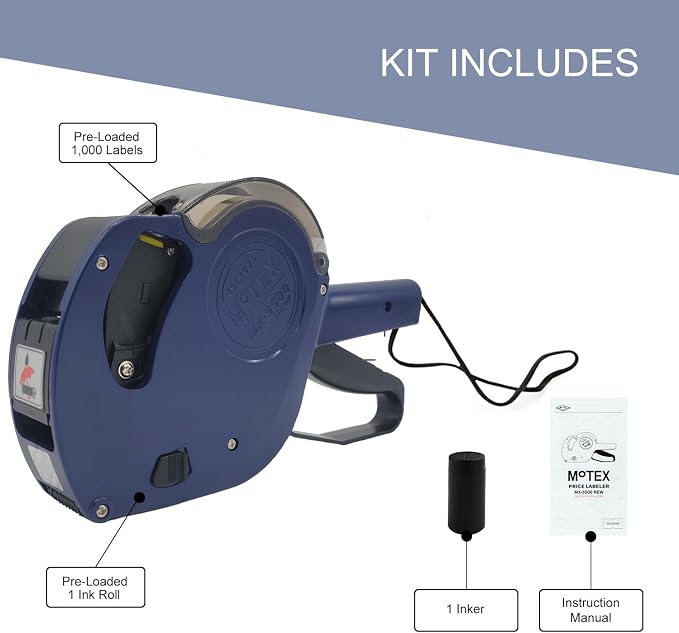 Motex MX-5500 New Version 1 Line 8 Digits Price Tag Gun – Pre-Loaded 1,000 White Sticker Labels and Pre-Loaded Inker with 1 Ink Refill - for Grocery Store, Retail Shop, Garage Sale (Dark Blue)