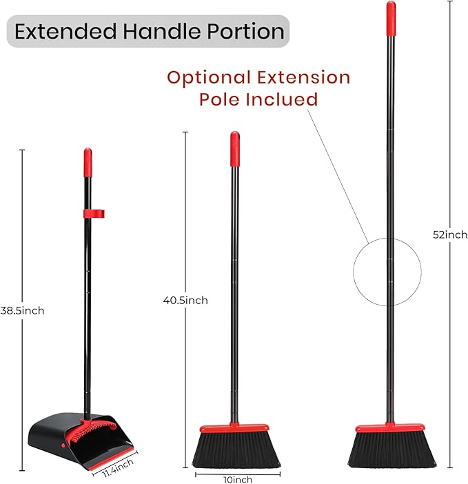 TreeLen Dust Pan and Broom/Dustpan Cleans Broom Combo with 52" Long Handle for Home Kitchen Room Office Lobby Floor Use Upright Stand Up Broom and Dustpan Set - Black/Red