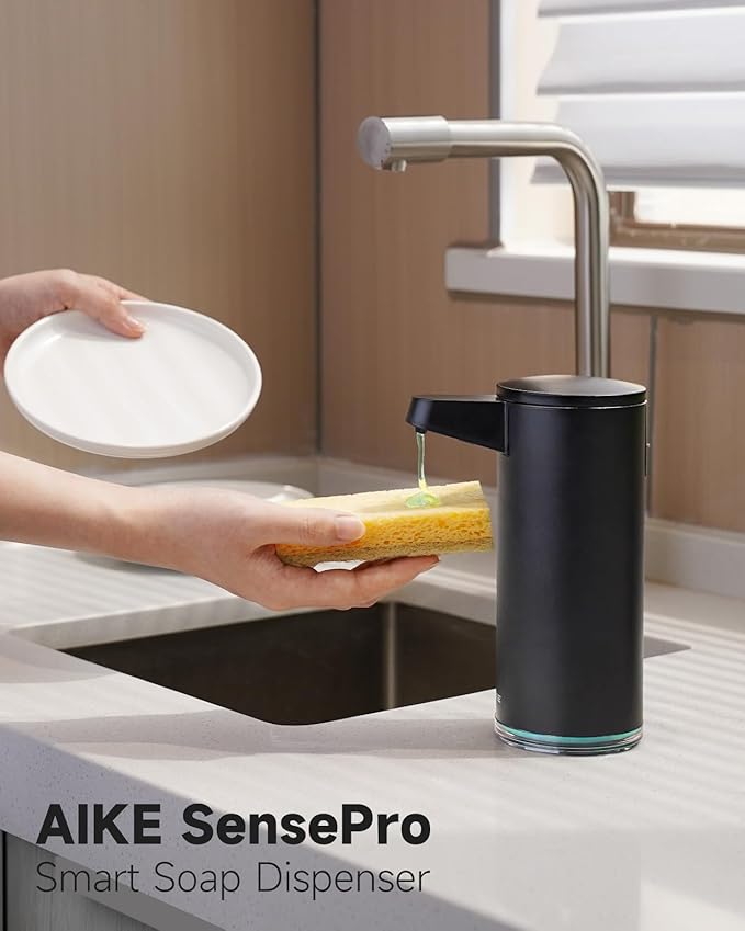 AIKE SensePro Automatic Soap Dispenser 12.8oz Spot Resist Matte Black | Type-C Charge with Months Long Standby Time, Adjustable 5 Levels Precise Dispense for Home Dish Soap and Hand Soap