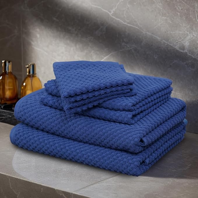 COTTON CRAFT Euro Spa Waffle Weave 6 Piece Towel Set - 100% Cotton - Blue | 2 Oversized Luxurious Large Bath Towels, 2 Hand Towels, 2 Washcloths - Soft Plush Super Absorbent Low Lint Quick Dry