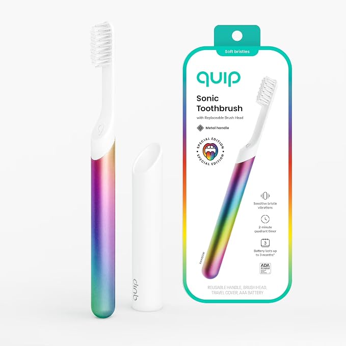 Quip Metal Sonic Electric Toothbrush for Adults - Time Travel & Soft Bristles with Travel Case & Replacement Brush Head - 3 Month Battery Life, Pride Rainbow