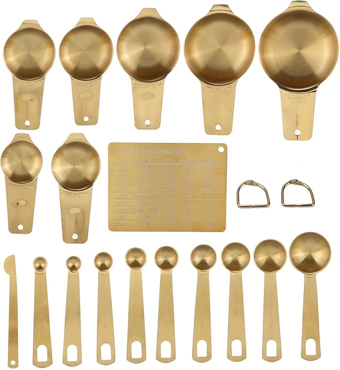 18PCS Gold Measuring Cups and Spoons Set, Stainless Steel Measuring Cups Spoons with Buckle and Scale Plate, Kitchen Baking Tools