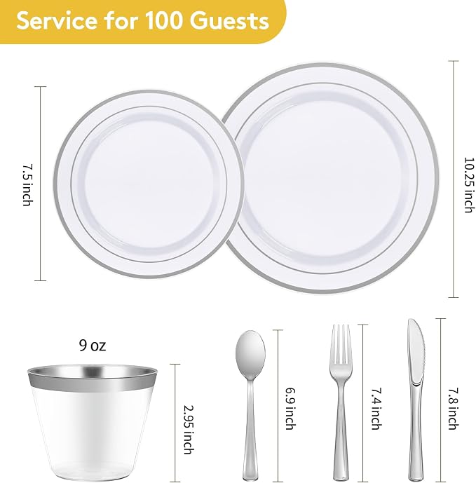Goodluck 600 Piece Disposable Silver Plates for 100 Guests, Plastic Dinnerware Set of 100 Dinner Plates, 100 Salad Plates, 100 Spoons, 100 Forks, 100 Knives, 100 Cups, Plastic Plates for Party