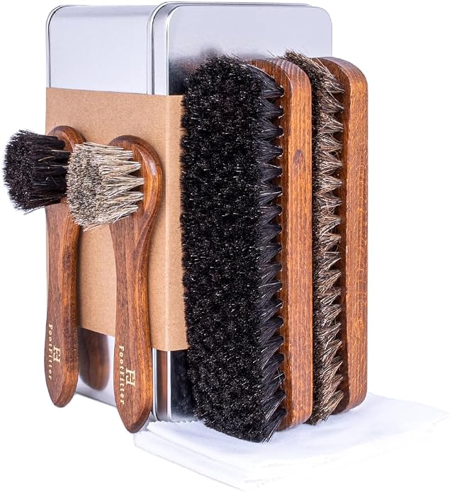 FootFitter Premium Shoe Care Brush Set, Horsehair Shine Brushes & Tools for Polishing Leather & Suede Shoes (Made in Germany)