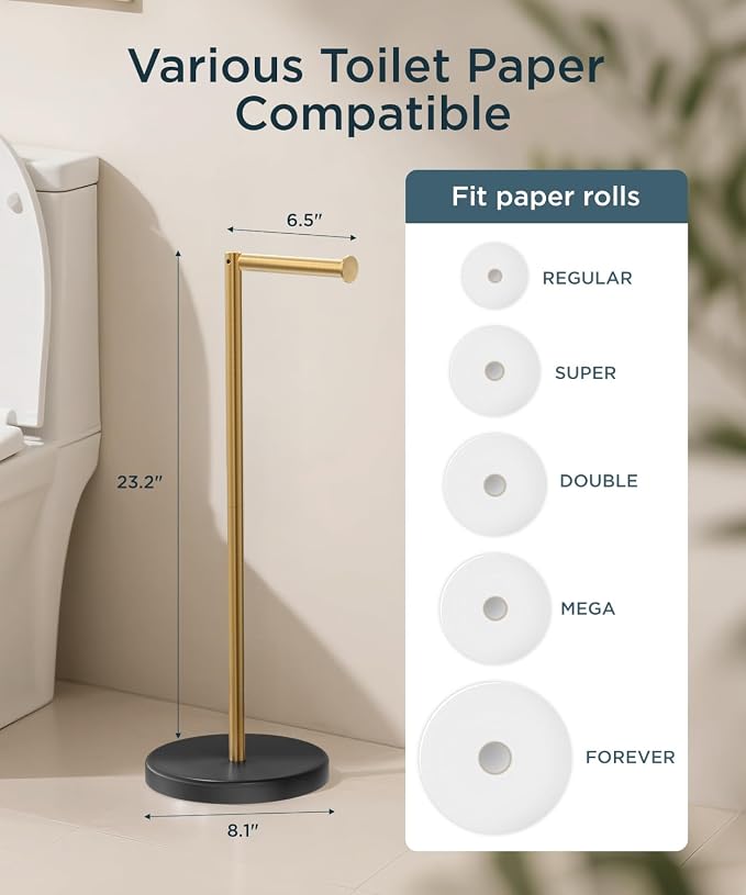 FORIOUS Toilet Paper Holder Stand, Modern Free Standing Tissue Roll Holder for Bathroom, Durable SUS 304 Stainless Steel and Weighted Base, Storage for 4 Rolls (Matte Black & Brushed Gold, 23.2" H)
