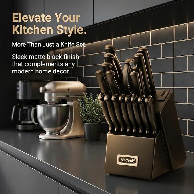 McCook® Premium Black Knife Sets,German Stainless Steel Kitchen Knives Block Set with Built-in Sharpener, 20-Piece Razor-Sharp Kitchen Knives with Ergonomic Handles, Elegant Box for Gift, Black | German Forged Stainless Steel,20 PC,Razor Sharp, Anti-Ru...