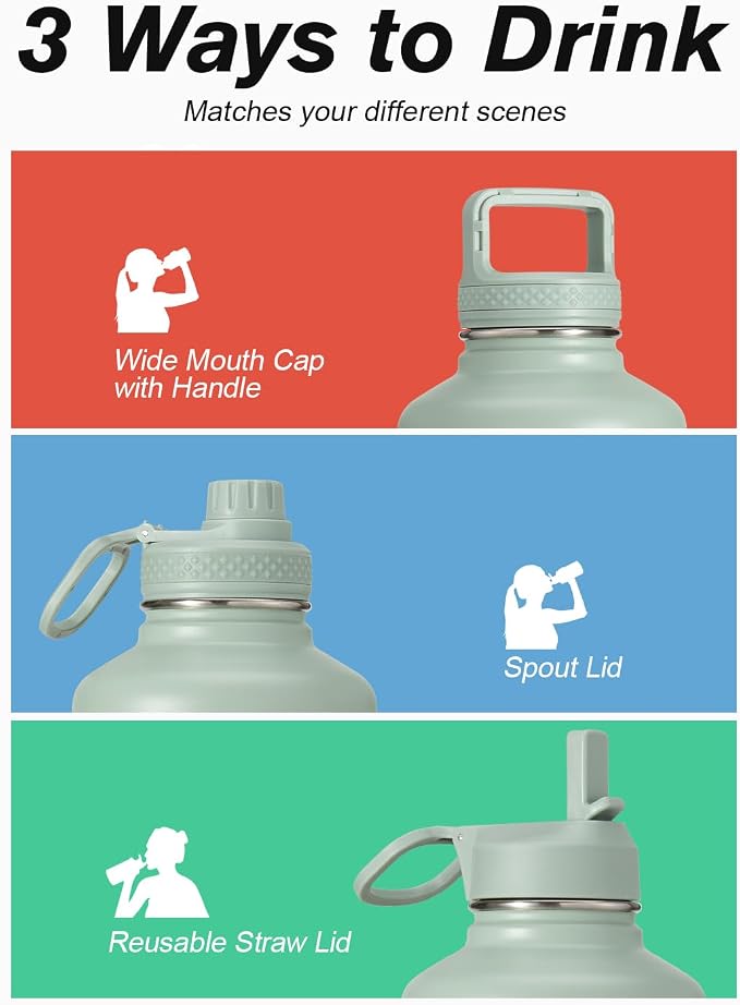Coolflask Half Gallon Water Bottle Insulated with Straw & 3 Lids, 64 oz Water Jug Large Metal Stainless Steel Wide Mouth for Sports, Gym or Office, Non-BPA Keep Cold 48H Hot 24H, Grey Green