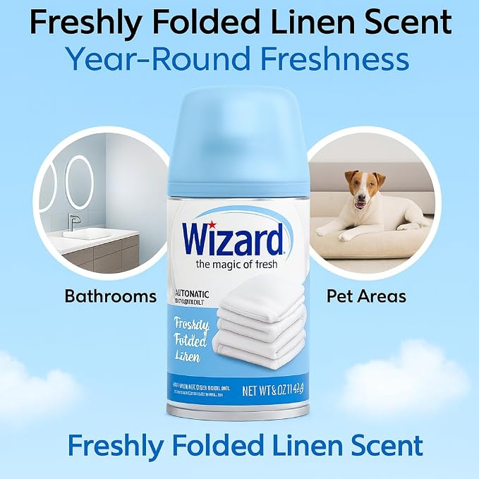 Wizard Automatic Spray Refill – Freshly Folded Linen, 5 oz (12 Pack) | Compatible with Air Wick Freshmatic & Glade Dispensers | Long Lasting Odor Neutralizer for Home & Office