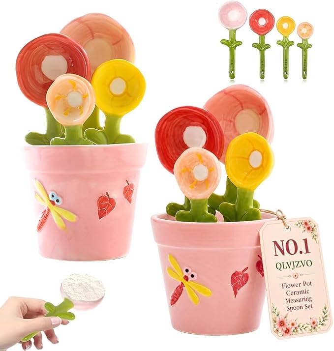 Flower Pot Ceramic Measuring Spoon Set, 5PCS Cute Spoons Cups with Base, Ceramic Baking Measuring Spoons with Holder for Dry & Wet Ingredients, Unique Baking Supplies Gift, Dishwasher Safe(Pink*2)