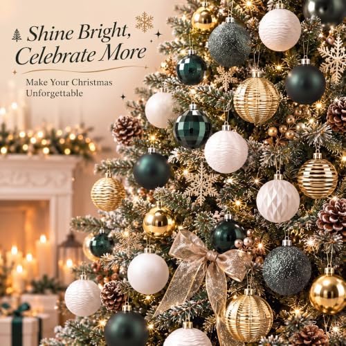 Lunmon 64 Pcs Christmas Ball Ornaments Emerald Green Champagne Gold White