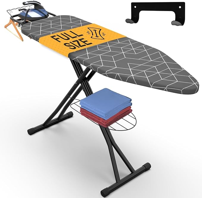 Ironing Board 43" x 13" Foldable with Wall Hanger, Full Size | Heavy Duty, Height adjustable, full-metal frame, heat-resistant cover, iron rest, anti-slip feet