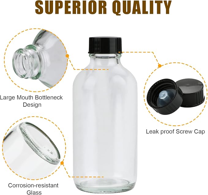 Small Clear Glass Bottles with Lids, 4 oz Glass Containers with Labels, Funnels and Brushes, Round Sample Bottles for Juice, Oils, Ginger Shots, Whiskey, Liquids, 50 Pack