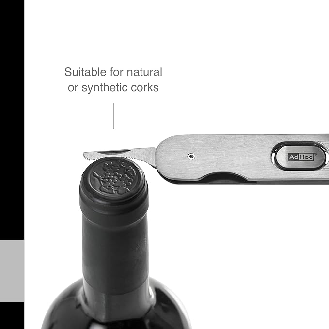 AdHoc PushPull Corkscrew Wine Opener - Multi-Purpose Stainless Steel Bottle Opener - Wine Opener with Foil Cutter & Coated Spiral Corkscrew - Integrated Bottle Cap Opener - Wipe Clean Only