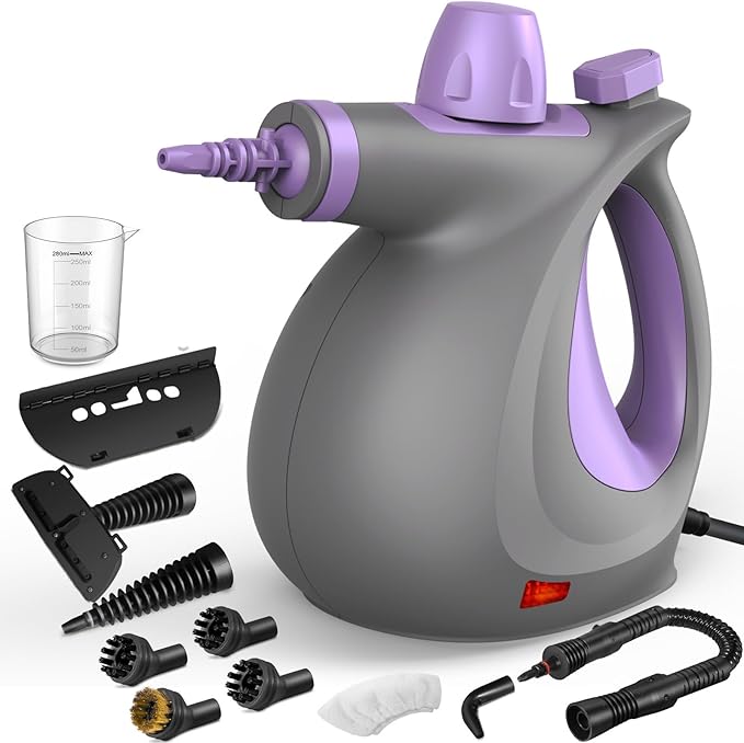 Phueut Pressurized Handheld Multi-Surface Natural Steam Cleaner with 12 pcs Accessories, Multi-Purpose Steamer for Home Use, Steamer for Cleaning Floor, Upholstery, Grout and Car (Purple)