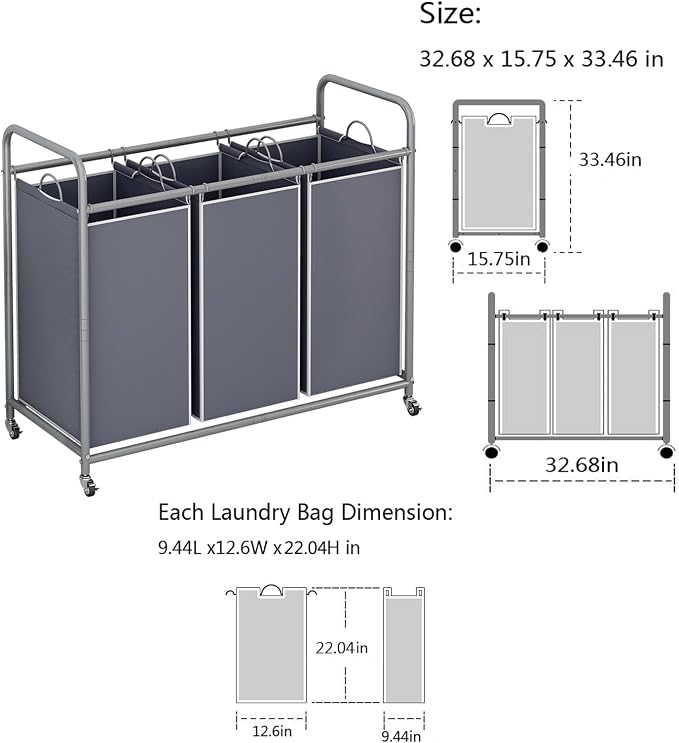 LINZINAR 3 Section Laundry Hamper, Grey Laundry Basket, 135L Laundry Sorter | Laundry Room Organization with Heavy Duty Rolling Lockable Wheels and Removable Bag, Bedroom Laundry Cart for Clothes Storage