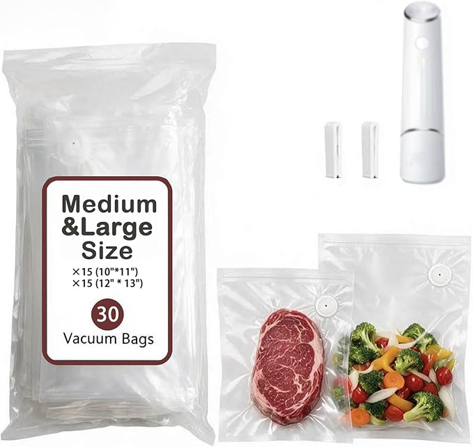 30-Pack Vacuum Sealer Bags Compatible with Chef Preserve – BPA-Free, 15 Medium (10×11 in) + 15 Large (12×13 in), Reusable Leak-Proof Food Storage Bags for Freezer, Microwave & Sous Vide