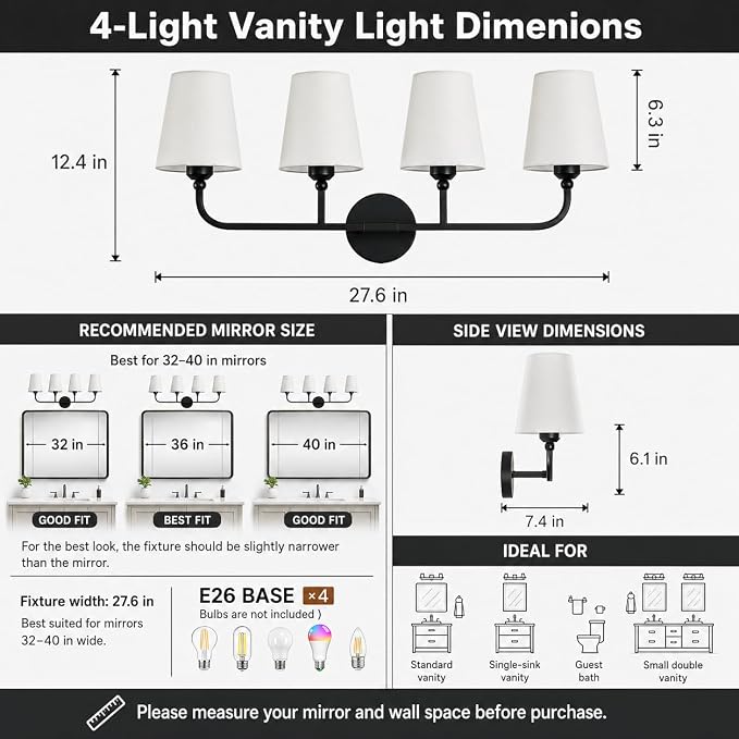 Bathroom Vanity Light, Matte Black Bathroom Light Fixtures, 4-Light Lighting Fixtures Over Mirror, Modern Wall Sconce with Flared White Fabric Shade, E26 Socket(ETL Listed)