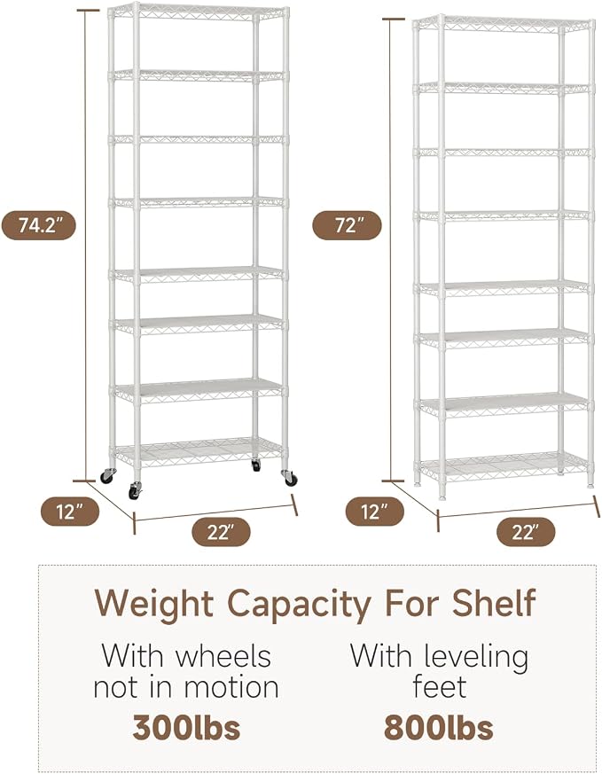 Golpart 8 Tier Shelves Storage Shelf Wire Closet Bathroom Organizers Metal Pantry Kitchen Garage Shelving Unit Laundry Room Organization Home Rack Net Basket Black with Wheels 12”D X 22”W X 74.2”H