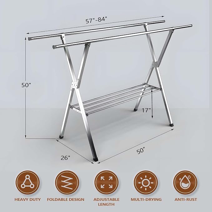 Clothes Drying Rack 2 Tiers, Heavy Duty Drying Rack Clothing Folding Indoor Outdoor, Stainless Steel Laundry Drying Rack, Foldable Garment Rack with 20 Windproof Hooks (84 Inches)