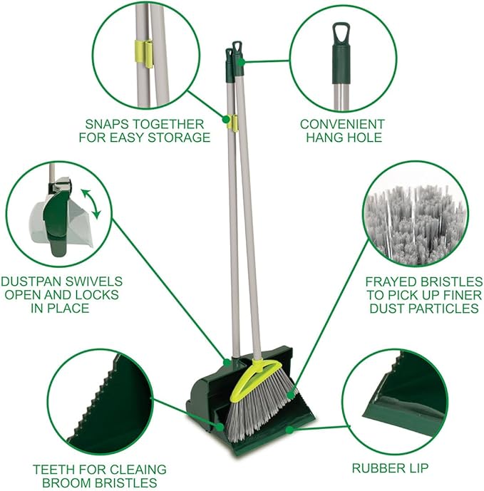 Pine-Sol Broom and Dustpan Set for Home - Both Indoor, Outdoor and Wet or Dry Use – Upright Standing Combo with Adjustable Handle for Comfort (Pack of 2)