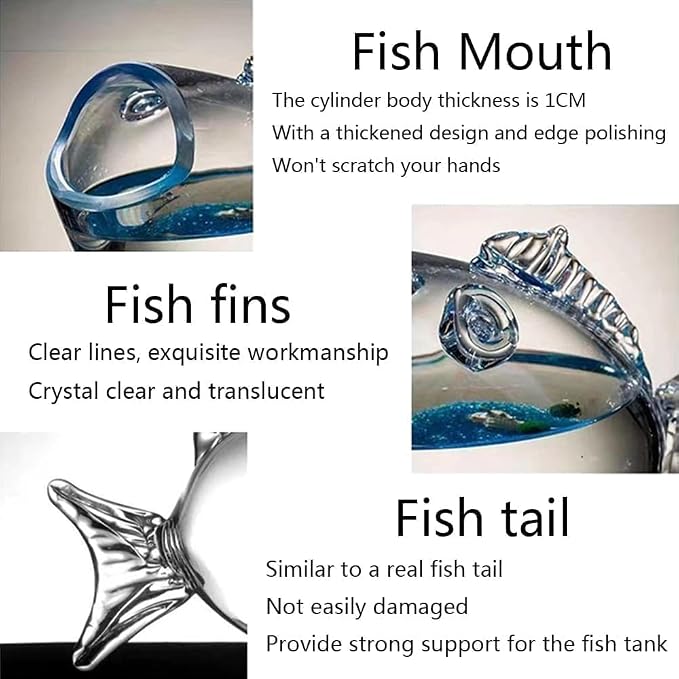 Thick-Walled,high-Transparency Glass Fish Tank,Small Fish-Shaped Fish Tank | Unique Fish Design, Clear Glass Material, Desktop Decor, Open Top Bowl, Home & Office Use