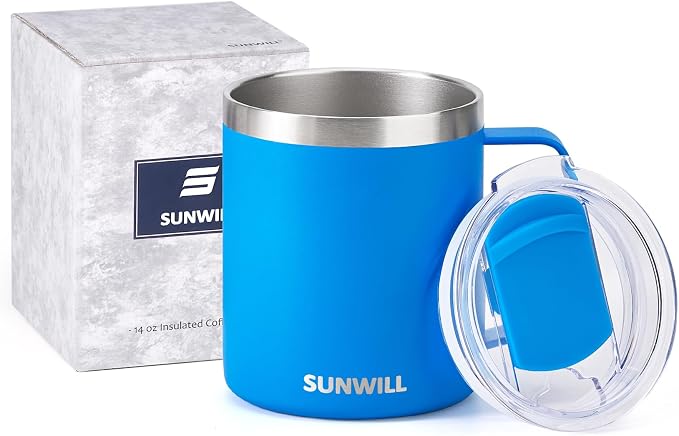 SUNWILL Insulated Coffee Mug, Stainless Steel 14 oz, Splash-Proof Lid | Keeps Drinks Hot & Cold, Powder-Coated Royal Blue Finish, Dishwasher Safe, Ideal for Home & Office