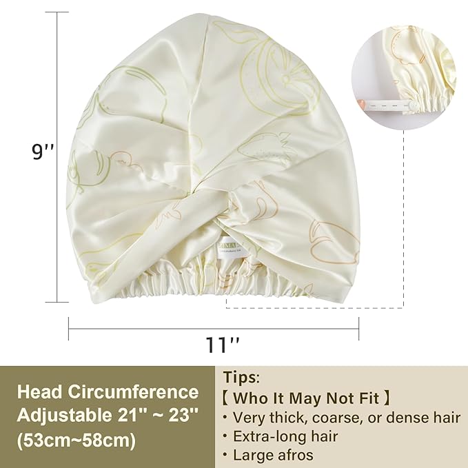 ZIMASILK 22 Momme 100% Mulberry Silk Bonnet for Sleeping & Women Hair Care, Highest Grade 6A Silk Hair wrap for Sleeping with Premium Elastic Stay On Head (1Pc, Ivory - Fruit Line Art)