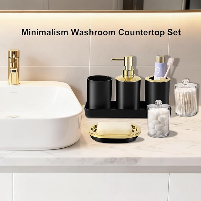 BSSN 25 Pieces Black and Gold Bathroom Accessories Set with Shower Curtain and Rugs, Trash Can, Toilet Brush, Soap Dispenser, Toothbrush Holder, Qtip Jars, Tray and Tumbler, Complete Bath Decor Set