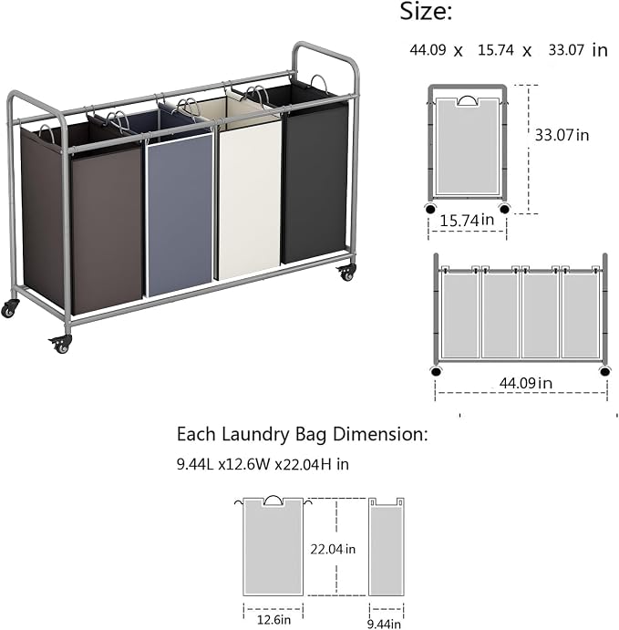 LINZINAR 4 Bags Laundry Hamper, Assorted Laundry Basket 180L Laundry Sorter | Laundry Room Organization with Heavy Duty Rolling Lockable Wheels and Removable Bag, Bedroom Laundry Cart for Clothes Storage