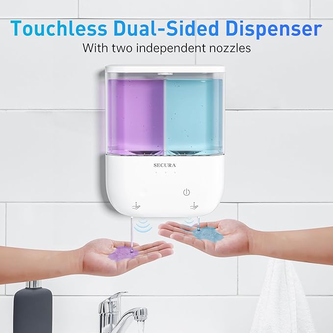 Secura Brands Touchless Wall Mounted Dual Automatic Soap Dispenser – 2 x 17 fl oz. Chambers Rechargeable Liquid Soap Dispenser Prefect for Bathroom & Kitchen (White)