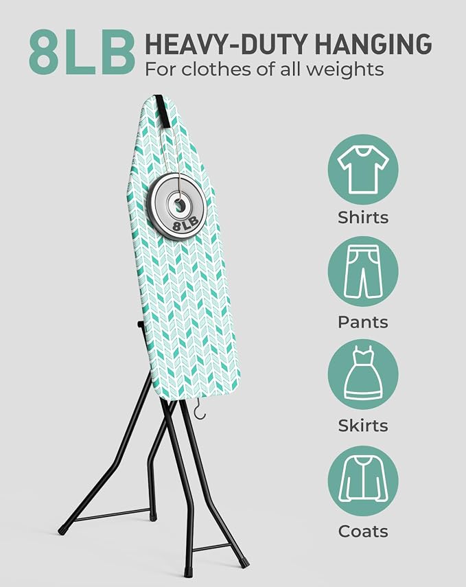 LyriFine Ironing Board, 2-in-1 Ironing and Steaming Board, 14″ x 43″ | Upgraded Iron Board with Iron Rest, Sturdy Steel Frame Iron Board with Non-Slip Feet, Ironing Board Full Size & Hook, Green