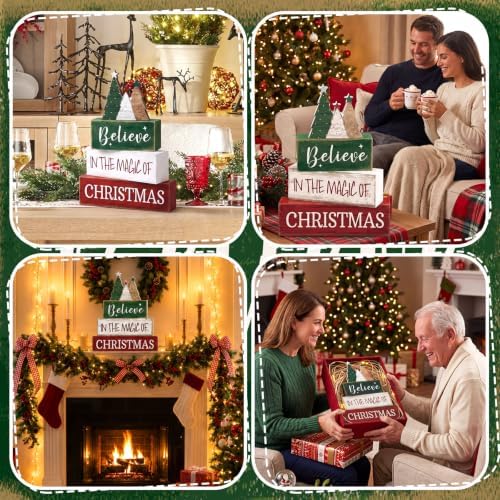 Moucuny 4 Pcs Christmas Table Decorations Rustic Christmas Tree Stacked Wooden Sign Decor Red Green and White Winter Tiered Tray Decor Xmas Table Centerpiece Farmhouse for Home Kitchen Shelf