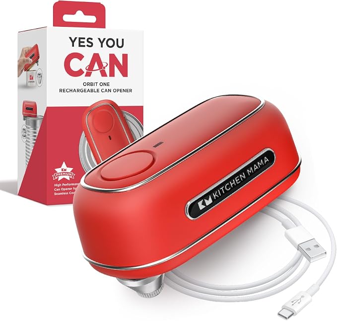 Kitchen Mama Orbit One Rechargeable Electric Can Opener, Red | Hands-free, USB-C Charging, Automatic Stop, Smooth Edge, Storage Box